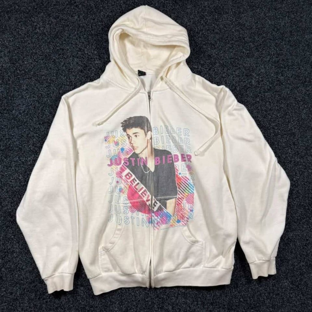 2012 Justin Bieber Believe Tour Official Zip Up Hoodie Merch Offwhite Large